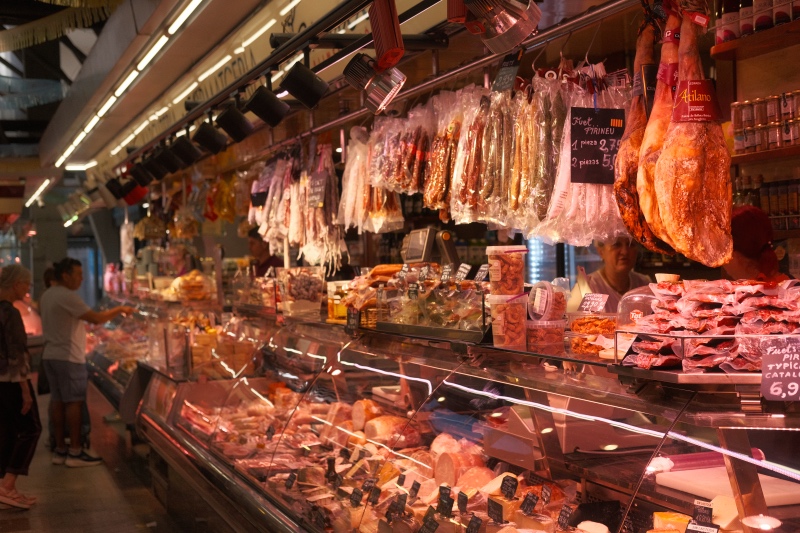 Food products in the market of St. Caterina, Barcelona, Spain