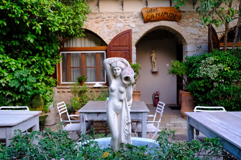 A picture of the Greek statue in the court yard of the Ganymede Hotel, located in Galaxidi Greece