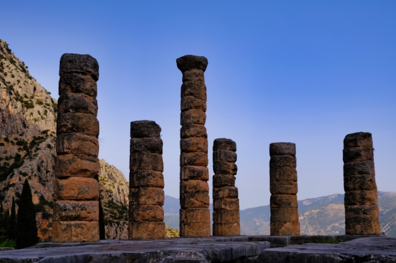 Ancient stone structures at the Delphi Archeological site in Greece