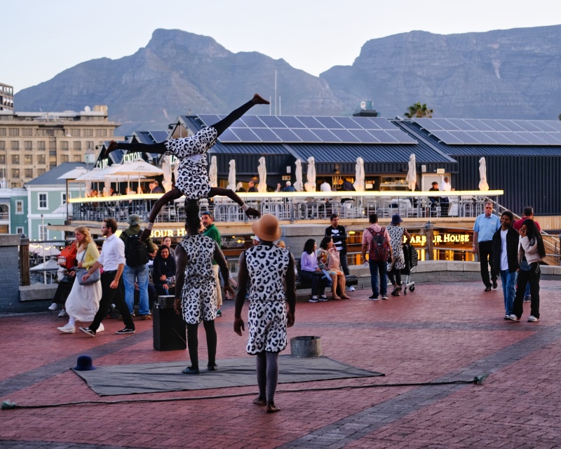 Street performers dancing at the water front, Cape Town, South Africa