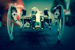 Robot spider at 2015 SXSW, powered by RasberryPi, that uses computer vision to track objects. © Amha Mogus