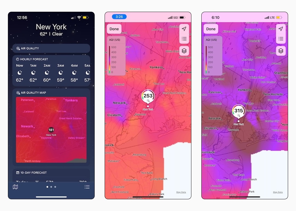 Hazardous air quality being displayed over a map of New York City. © 2023 Amha Mogus