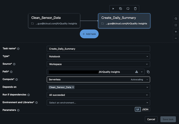 Screenshot from Data Bricks task creation UI.