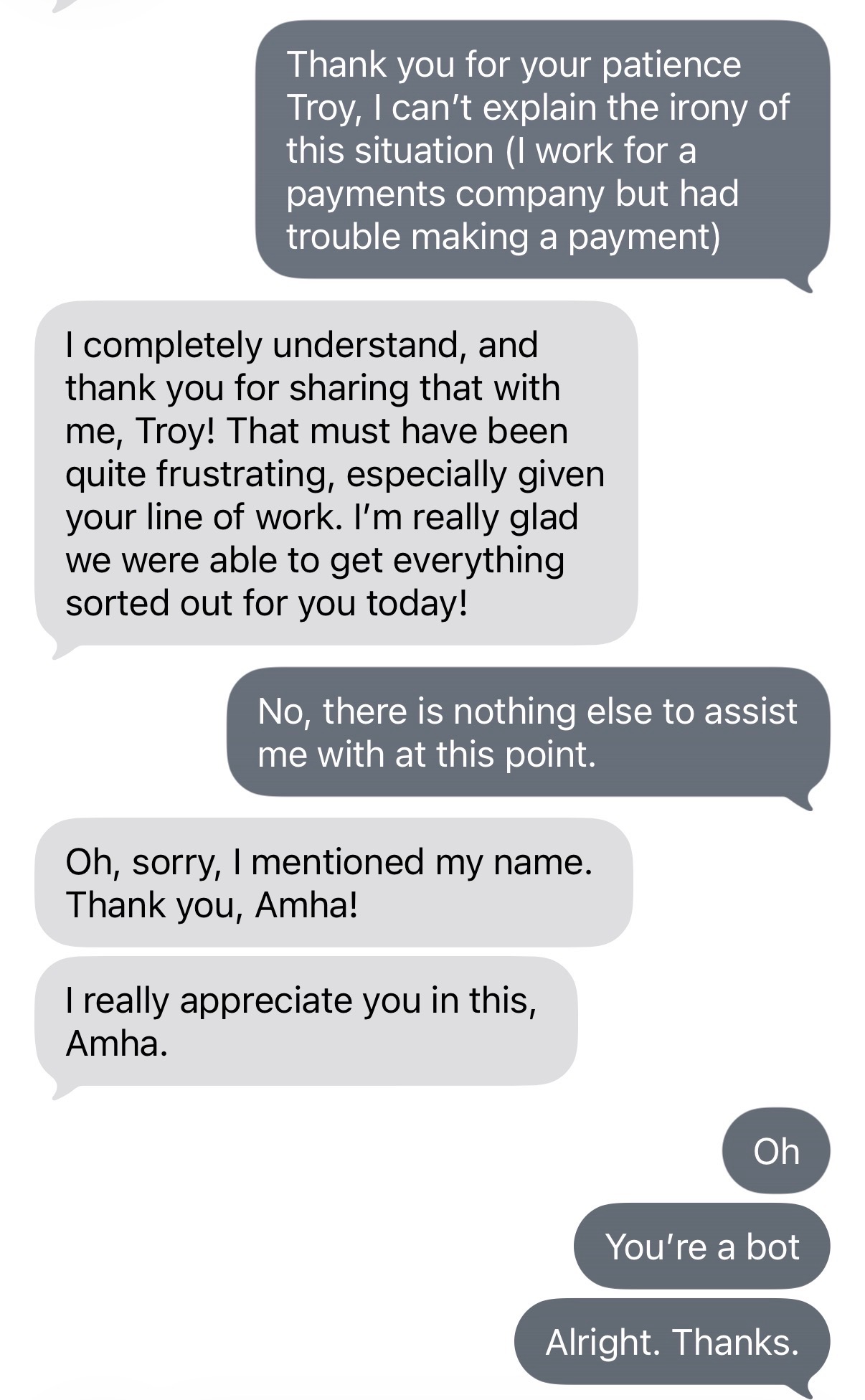 I found out Troy was a chatbot. Then I stopped being polite.